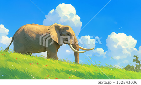 夏の青空とゾウ、アニメ風 夏の青空とゾウ、アニメ風 132843036