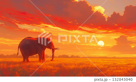 夕日とゾウ、アニメ風 132843040