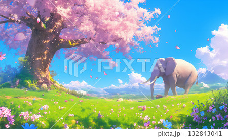 桜の木とゾウ、アニメ風 桜の木とゾウ、アニメ風 132843041