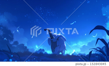 夜空の下のゾウ、アニメ風 夜空の下のゾウ、アニメ風 132843045
