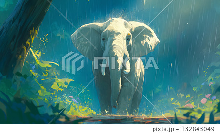 雨の森を歩くゾウ、アニメ風 132843049