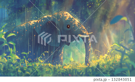 雨の中のゾウ親子、アニメ風 132843051