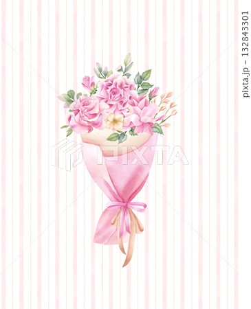 Spring floral bouquet tied with ribbon in paper packaging on striped isolated background in delicate shades. Pink rose, freesia flower with leaves of pistachio. Botanical festive illustration card Spring floral bouquet tied with ribbon in paper packaging on striped isolated background in delicate shades. Pink rose, freesia flower with leaves of pistachio. Botanical festive illustration card 132843301