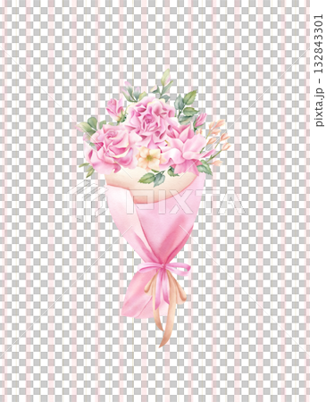 Spring floral bouquet tied with ribbon in paper packaging on striped isolated background in delicate shades. Pink rose, freesia flower with leaves of pistachio. Botanical festive illustration card Spring floral bouquet tied with ribbon in paper packaging on striped isolated background in delicate shades. Pink rose, freesia flower with leaves of pistachio. Botanical festive illustration card 132843301