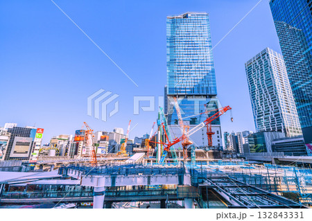 日本の東京都市景観11月7日。クローラークレーンなどの巨大重機がズラリ…。左側の鉄骨がデッキをまたぐ 132843331