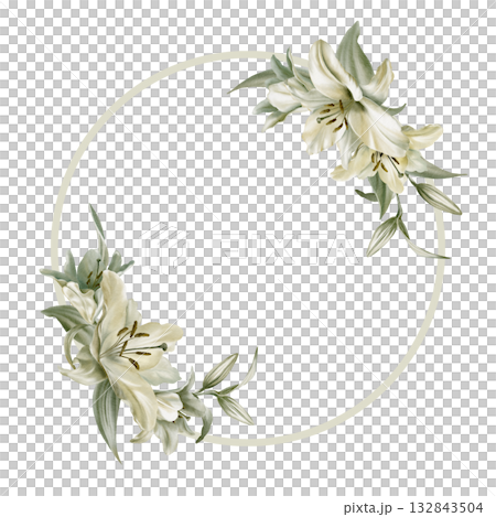White lilies with leaves in circular frame symbolizing purity,innocence,holiness communion.Hand drawn watercolor illustration for chapel ceremonies,advertisements 132843504
