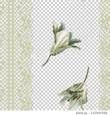 White lilies with leaves in seamless pattern,openwork lace ribbon,symbolizing purity,innocence,communion and marriage.Hand drawn watercolor illustration for chapel ceremonies,advertisements White lilies with leaves in seamless pattern,openwork lace ribbon,symbolizing purity,innocence,communion and marriage.Hand drawn watercolor illustration for chapel ceremonies,advertisements 132843506