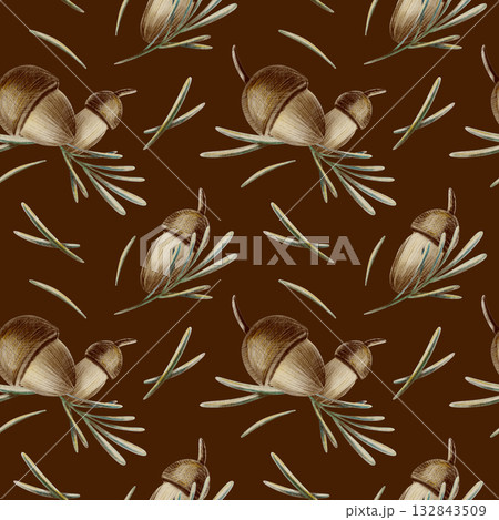 Cheerful acorns with spruce needles and a tiny twig in seamless pattern with soft watercolor washes and textured colored pencils hatching.For autumn,nature-inspired themes,childrens textile Cheerful acorns with spruce needles and a tiny twig in seamless pattern with soft watercolor washes and textured colored pencils hatching.For autumn,nature-inspired themes,childrens textile 132843509