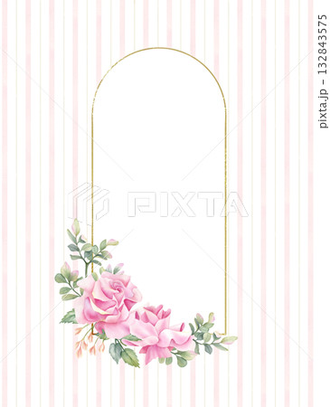 Floral composition template, arch golden frame on striped isolated background in delicate shades. Pink rose, freesia flower with leaves of pistachio. Botanical illustration card wedding invitation 132843575