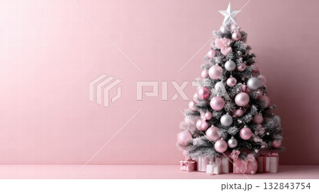 A minimalist Christmas tree pink and silver ornaments 132843754
