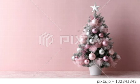 A minimalist Christmas tree pink and silver ornaments A minimalist Christmas tree pink and silver ornaments 132843845