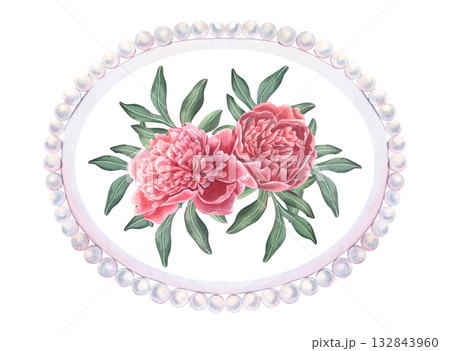 Oval horizontal pearl frame with peony flowers and leaves. Hand-painted watercolor illustration isolated on white for invitations, wedding cards, posters, logos, prints, packaging, wall art, design Oval horizontal pearl frame with peony flowers and leaves. Hand-painted watercolor illustration isolated on white for invitations, wedding cards, posters, logos, prints, packaging, wall art, design 132843960