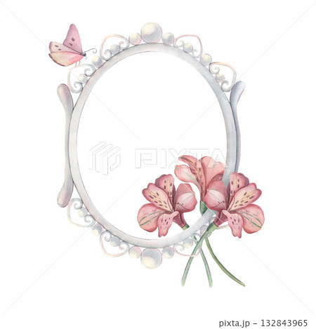 Vintage oval pearl frame with alstroemeria bouquet, butterfly. Hand-painted watercolor illustration isolated on white for invitations, wedding cards, logo, prints, packaging, wall art, design projects Vintage oval pearl frame with alstroemeria bouquet, butterfly. Hand-painted watercolor illustration isolated on white for invitations, wedding cards, logo, prints, packaging, wall art, design projects 132843965