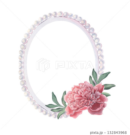 Oval pearl frame with peony flower and leaves. Hand-painted watercolor illustration isolated on white for invitations, wedding cards, logos, prints, packaging, wall art, vintage design projects Oval pearl frame with peony flower and leaves. Hand-painted watercolor illustration isolated on white for invitations, wedding cards, logos, prints, packaging, wall art, vintage design projects 132843968