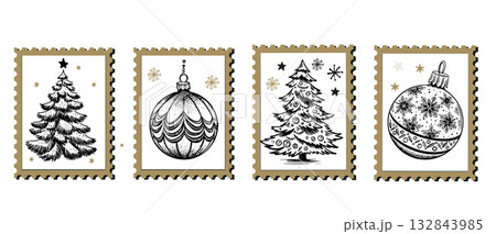 Hand-Drawn Christmas Festive Stamps Collection	 132843985