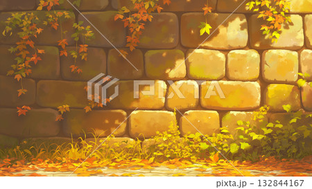 紅葉したつる植物と石の壁、アニメ風 132844167