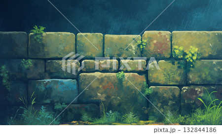 夜の小雨の石の壁、アニメ風 132844186