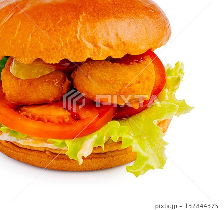 Crispy sandwich with lettuce, tomatoes, and tasty fried nuggets for lunch Crispy sandwich with lettuce, tomatoes, and tasty fried nuggets for lunch 132844375