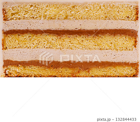 Layers of a dessert showcasing vanilla and chocolate on a white background Layers of a dessert showcasing vanilla and chocolate on a white background 132844433