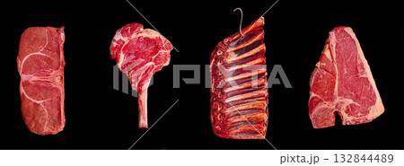Different cuts of fresh red meat displayed against a black background Different cuts of fresh red meat displayed against a black background 132844489