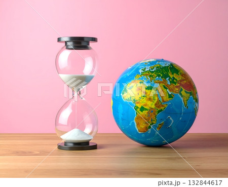 青い地球儀と白い砂が示す地球の寿命 青い地球儀と白い砂が示す地球の寿命 132844617