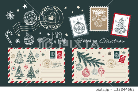 Christmas postcard, card with tree and ball, Festive Stamps Collection, hand drawn illustration.	 132844665
