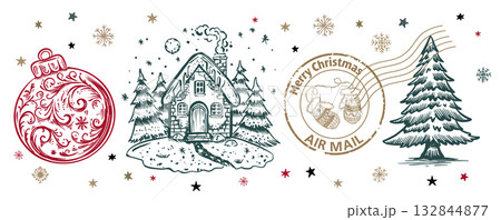 Christmas Stamps, tree, toy, set, Hand drawn illustration Christmas Stamps, tree, toy, set, Hand drawn illustration 132844877