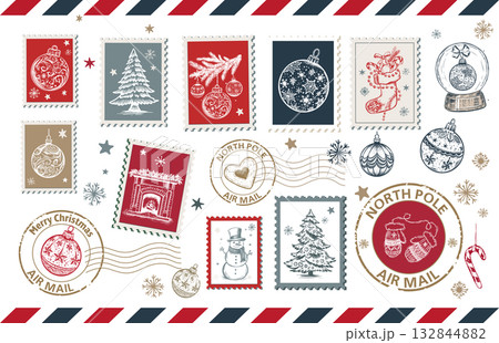 Christmas Stamps, mail, postcard hand drawn illustrations on white. Christmas Stamps, mail, postcard hand drawn illustrations on white. 132844882