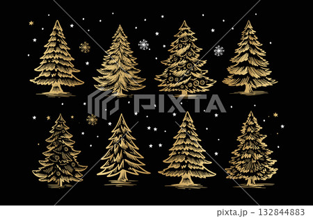 Christmas gold tree set on black. Hand drawn illustration.	 132844883