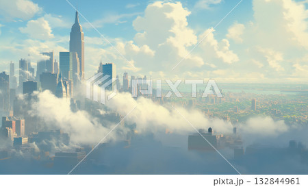 巨大な雲と大都市の遠景、アニメ風 132844961