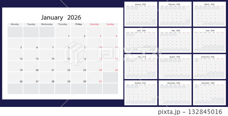 Monthly Calendar Layout for the Year 2026 on a Clean Dark Blue Background. 132845016