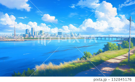 夏の青空と大都市を流れる川の風景、アニメ風 夏の青空と大都市を流れる川の風景、アニメ風 132845176