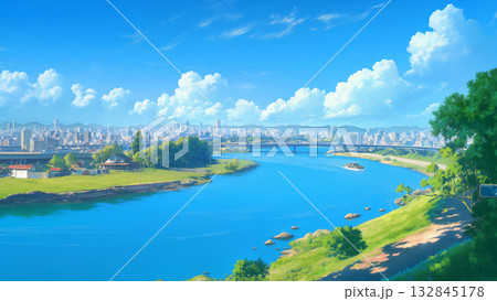 晴天の大都市を流れる川の風景、アニメ風 132845178