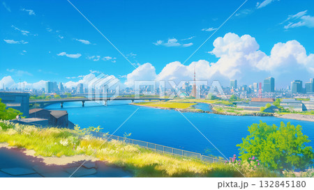 春の大都市を流れる川の風景、アニメ風 132845180