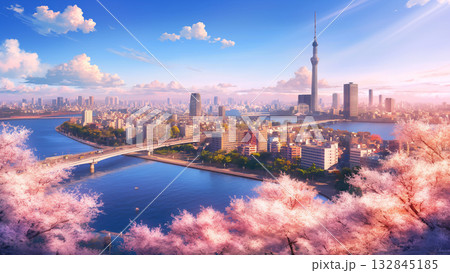 桜が植林された大都市を流れる川の風景、アニメ風 132845185