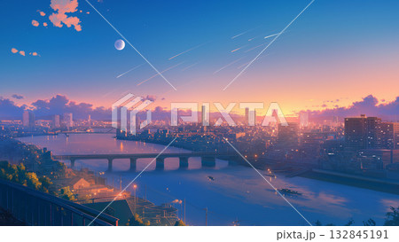 夕方の大都市を流れる川の風景、アニメ風 132845191