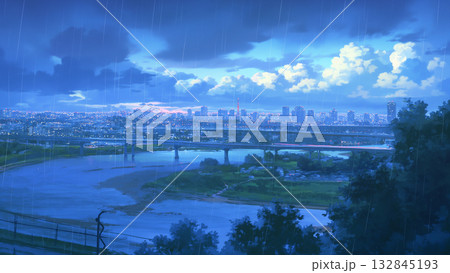 雨の大都市を流れる川の風景、アニメ風 雨の大都市を流れる川の風景、アニメ風 132845193