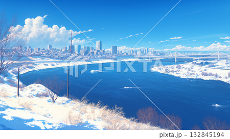 雪が積もっている大都市を流れる川の風景、アニメ風 132845194