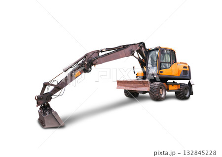 Wheeled excavator with a long arm and bucket, isolated on a white background. The machine is designed for digging and construction tasks. 132845228