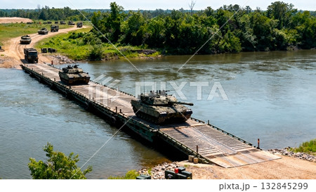 Tank Battalion Crossing River Bridge Military Logistics Operation 132845299