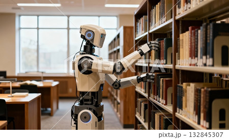 Robot Librarian Organizing Books Library Information Management 132845307