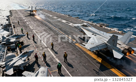 Aircraft Carrier Flight Deck Operations Jets Launching Combat Mission 132845327