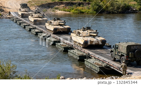 Tank Battalion Crossing River Bridge Military Logistics Operation 132845344