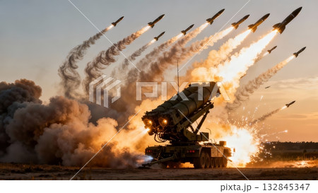 Multiple Rocket Launcher System Firing Salvo Battlefield Artillery Multiple Rocket Launcher System Firing Salvo Battlefield Artillery 132845347