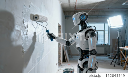 Humanoid Robot Painting Wall Construction Renovation Work 132845349