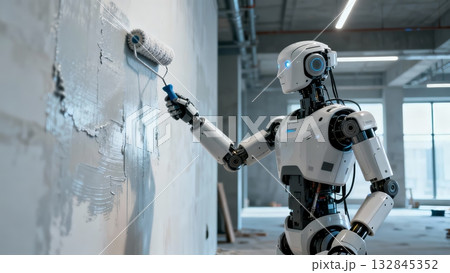 Humanoid Robot Painting Wall Construction Renovation Work 132845352