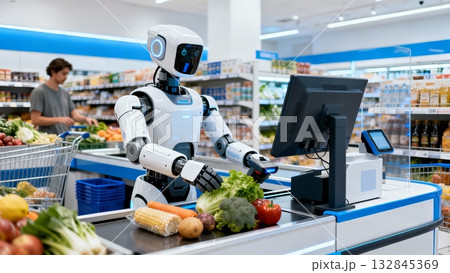Robot Cashier Scanning Items Supermarket Checkout Retail Automation 132845369