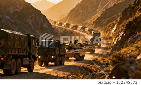 Military Convoy Vehicles Moving Through Mountain Pass Deployment 132845372