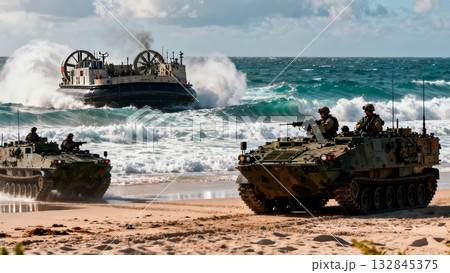Military Hovercraft Landing Beach Amphibious Vehicle Deployment 132845375