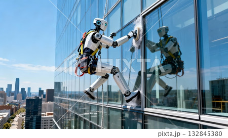 Humanoid Robot Cleaning Windows High-rise Building Maintenance Humanoid Robot Cleaning Windows High-rise Building Maintenance 132845380